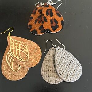 3 pair of teardrop earrings, Leather Leopard, Cork & Gold, and Gray Weave